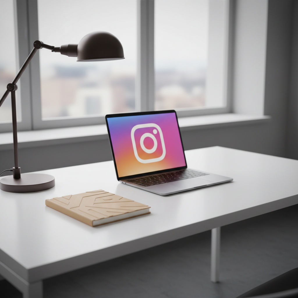 A refined desk workspace featuring a closed, sand-colored notebook with an embossed geometric pattern, a contemporary dark metal desk lamp, and an open laptop displaying an Instagram logo on its screen. The desk surface is a matte white laminate, clear of any clutter, and sits beneath a large interior window with soft daylight filling the space. The lighting is even and balanced, creating slight reflective highlights on the desk and subtle vignetting in the background. The focus is sharp on the desk elements, with a shallow depth of field letting the background recede gently. Composed from a three-quarters frontal angle, the image exudes a sense of modern professionalism and digital engagement, reflecting the kunsthistoricus's forward-facing presence and clean, structured brand identity.