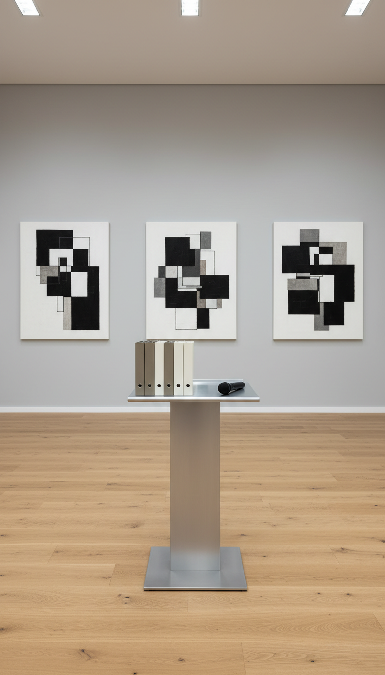 An artfully arranged modern lecture setup featuring a slender, brushed aluminum lectern atop a pale, textured oak floor. On the lectern, a tidy stack of minimalistic presentation folders in taupe and off-white is accompanied by a small, high-end, wireless microphone. The background consists of an expansive, neutral-toned wall interrupted by abstract canvas art in grayscale, exuding quiet sophistication. Accentuated by soft, indirect overhead lighting, the lectern and folders enjoy subtle highlights with smooth, even shadowing, reinforcing a sense of order. Captured from a direct, low eye-level angle, this composition uses balanced proportions and a photographic style to suggest readiness, professionalism, and the bespoke nature of the kunsthistoricus's lectures.