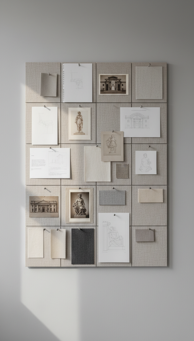 A clean, structured wall-mounted project board featuring an array of neutral-toned A4 sheets, art postcards, and swatches arranged in a precise grid. Textured linen backgrounds and slim, brushed steel pins hold each element in place. This board is set against a smooth, light gray wall in a contemporary workspace, with soft, natural daylight streaming from one side, creating delicate highlights and faint cast shadows for depth. The image is photographed straight-on, showcasing the orderly alignment and monochrome palette, with sharp focus highlighting the material textures. The mood is restrained, curated, and intellectually stimulating, embodying the kunsthistoricus's methodical and project-driven approach in a clean, photographic corporate style.