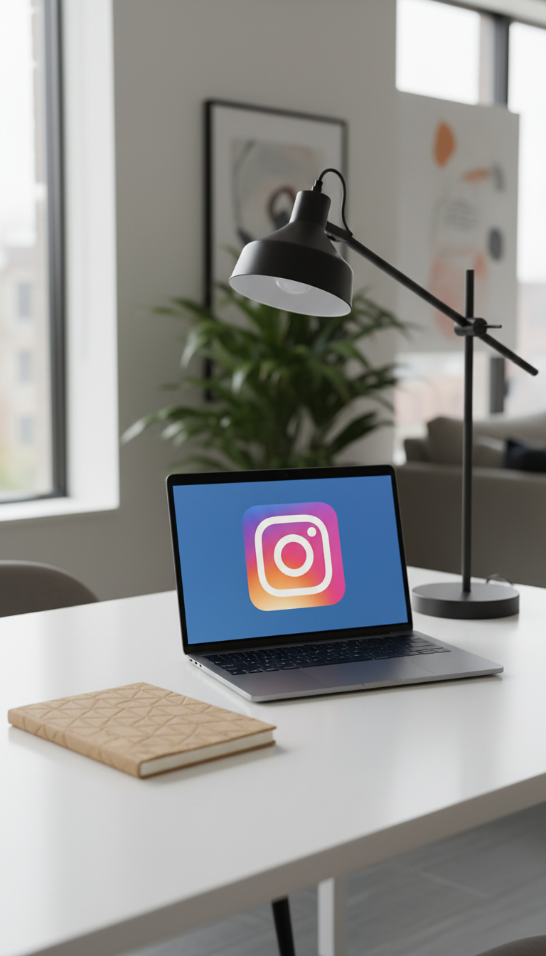 A refined desk workspace featuring a closed, sand-colored notebook with an embossed geometric pattern, a contemporary dark metal desk lamp, and an open laptop displaying an Instagram logo on its screen. The desk surface is a matte white laminate, clear of any clutter, and sits beneath a large interior window with soft daylight filling the space. The lighting is even and balanced, creating slight reflective highlights on the desk and subtle vignetting in the background. The focus is sharp on the desk elements, with a shallow depth of field letting the background recede gently. Composed from a three-quarters frontal angle, the image exudes a sense of modern professionalism and digital engagement, reflecting the kunsthistoricus's forward-facing presence and clean, structured brand identity.