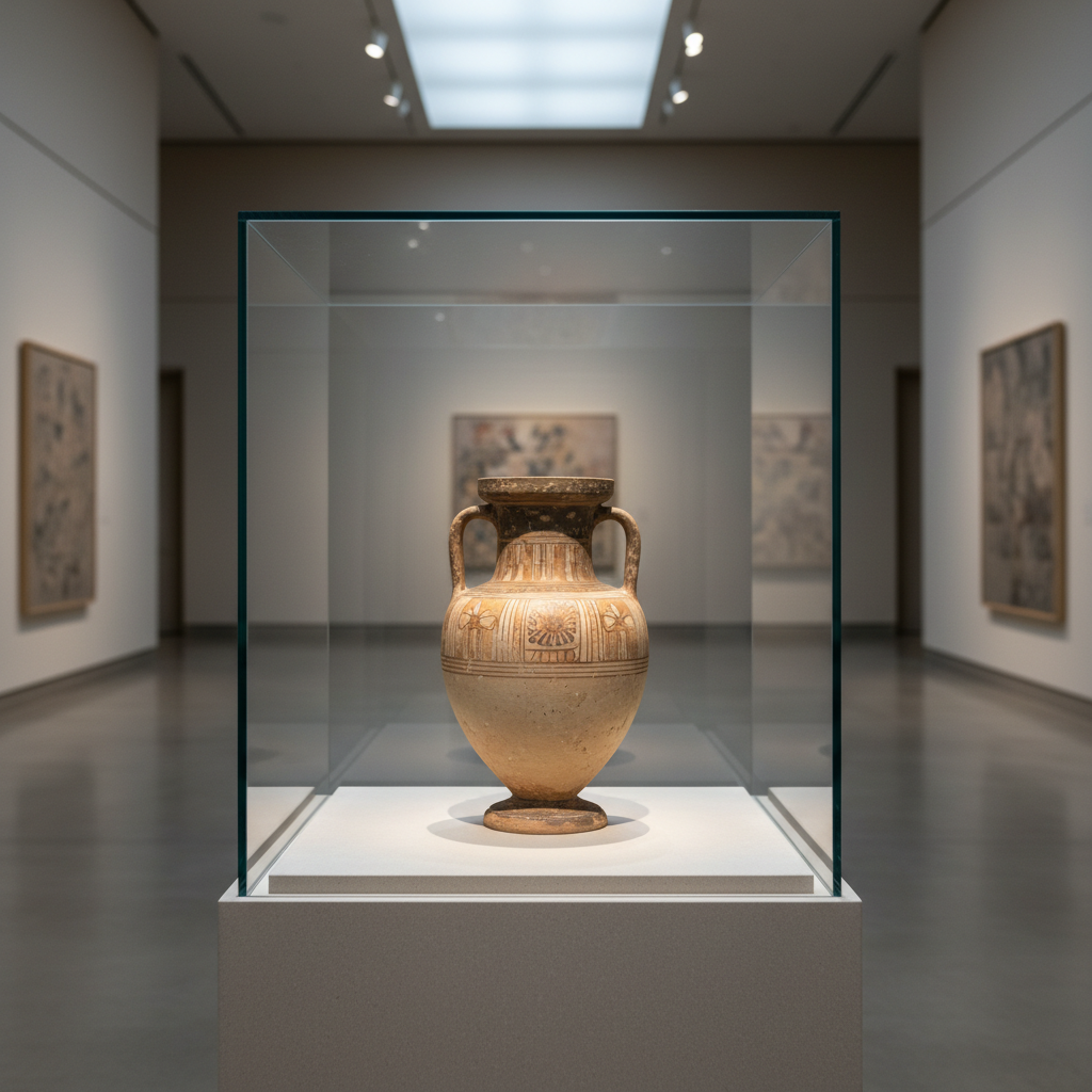 A sleek glass display case featuring a single carefully curated historical artifact—a delicate, pale clay amphora with a matte finish and tasteful, faded geometric patterns. The amphora is positioned centrally on a raised plinth of smooth, light gray stone. The surrounding environment is an open, modern gallery space with sharp architectural lines and neutral-toned walls. Soft, focused artificial spotlights from above accentuate the amphora's contours, casting a gentle halo on the display surface and creating crisp, subtle shadows. The overall composition uses a rule-of-thirds framing with ample negative space, generating an atmosphere of quiet sophistication and professional curation. The image adheres to a photographic, corporate aesthetic, conveying an air of authority and meticulous attention to detail.